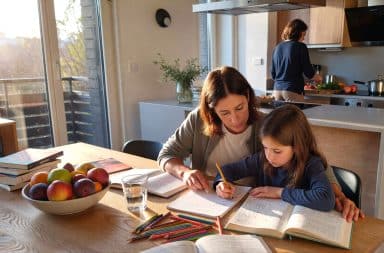 Beau-parent aidant un enfant à faire ses devoirs autour de la table familiale, illustrant le rôle éducatif et quotidien des beaux-parents dans une famille recomposée.