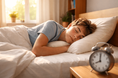 adolescent dormant le matin dans son lit pour récupérer du manque de sommeil