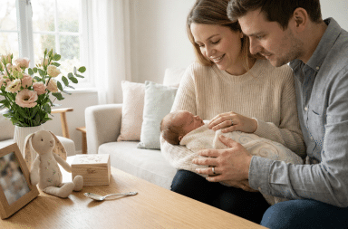 jeunes parents avec leur nouveau-né dans un salon lumineux avec peluche et objets de naissance personnalisés