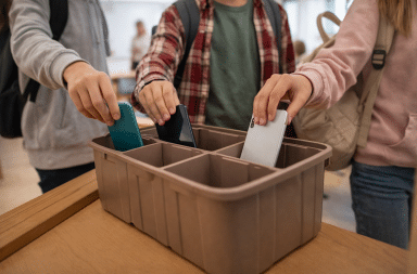 élèves déposant leurs téléphones portables dans une boîte à l’entrée d’une salle de classe