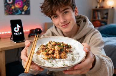 adolescent tenant un bol de riz et poulet illustrant la tendance boy kibble