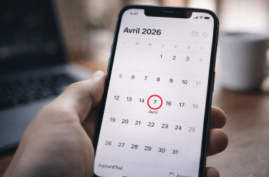 smartphone affichant un calendrier avril 2026 avec la date du 7 entourée pour le paiement CAF
