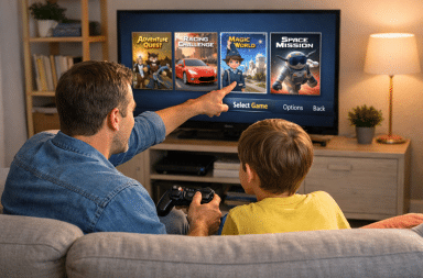 parent aidant son enfant à choisir un jeu vidéo adapté