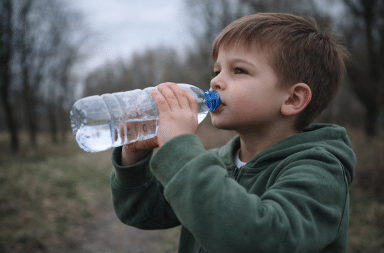 enfant buvant de l’eau dans une bouteille illustrant l’exposition aux PFAS et les risques pour la santé