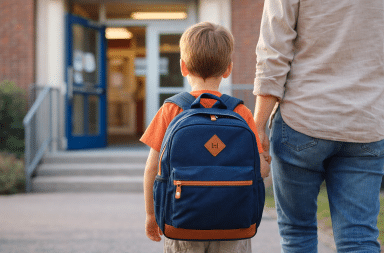 enfant avec cartable accompagné de son parent devant une école
