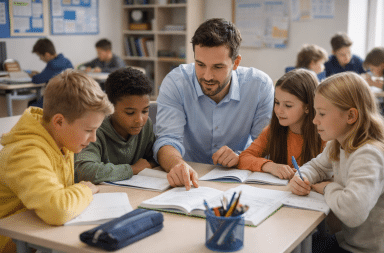 professeur aide un petit groupe d’élèves au collège pendant un cours