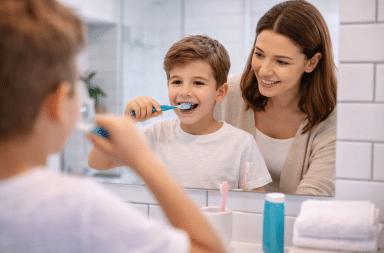 enfant se brossant les dents avec sa mère pour prévenir les caries dentaires