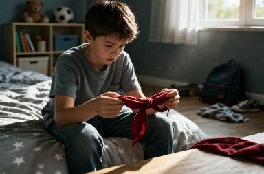 enfant seul dans une chambre illustrant les dangers du jeu du foulard