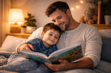 papa lisant une histoire à son enfant moment complicité