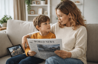 parent discutant calmement de l’actualité avec son enfant dans le salon