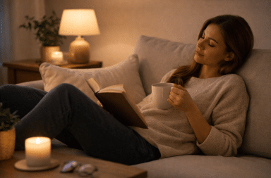 personne détendue en soirée sans écran appliquant une routine anti anxiété