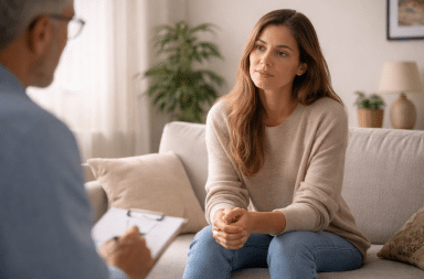 femme en consultation avec un psychologue dans un contexte de suivi natalité