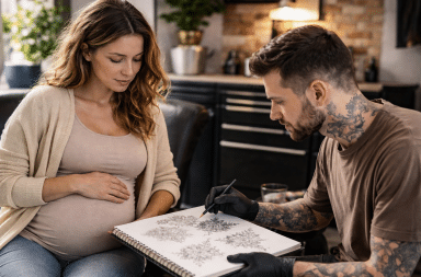 femme enceinte réfléchissant à un tatouage pendant la grossesse