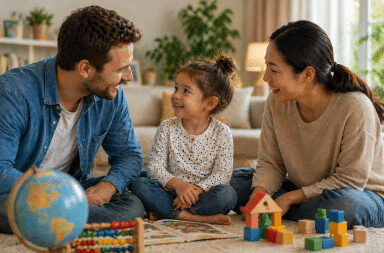 enfant échangeant avec ses parents dans deux langues illustrant le bilinguisme et le développement du cerveau