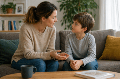 parent parlant de santé avec son enfant dans un environnement rassurant