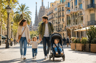 famille en voyage avec enfants dans une ville européenne accueillante