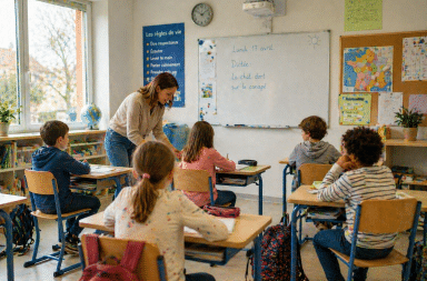 classe avec peu d’élèves et enseignant accompagnant les enfants